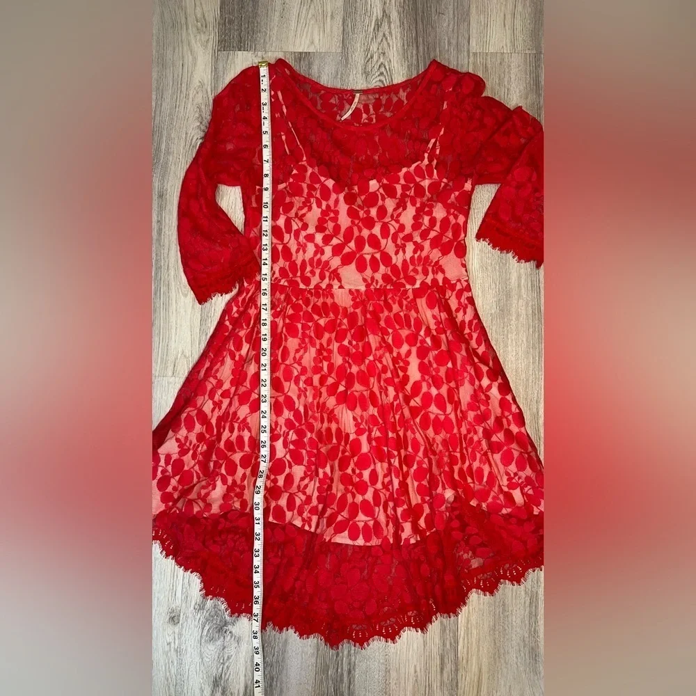 Free People Red Lace Dress With White Slip‎ Size 8